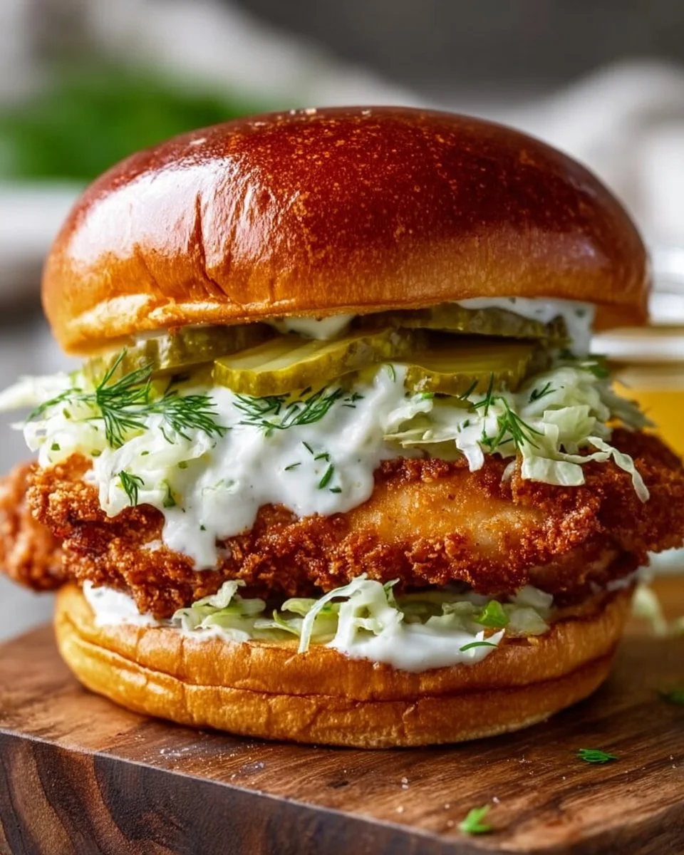 Crispy dill chicken sandwich with fresh ingredients and crispy texture