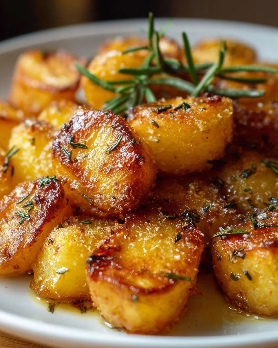 Plate of crispy homemade roast potatoes, golden and perfectly seasoned.