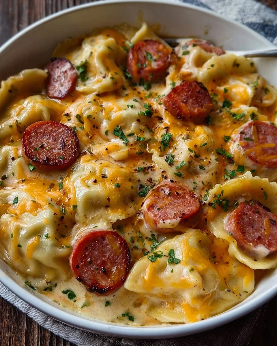 Delicious crockpot pierogi casserole with kielbasa in a serving dish