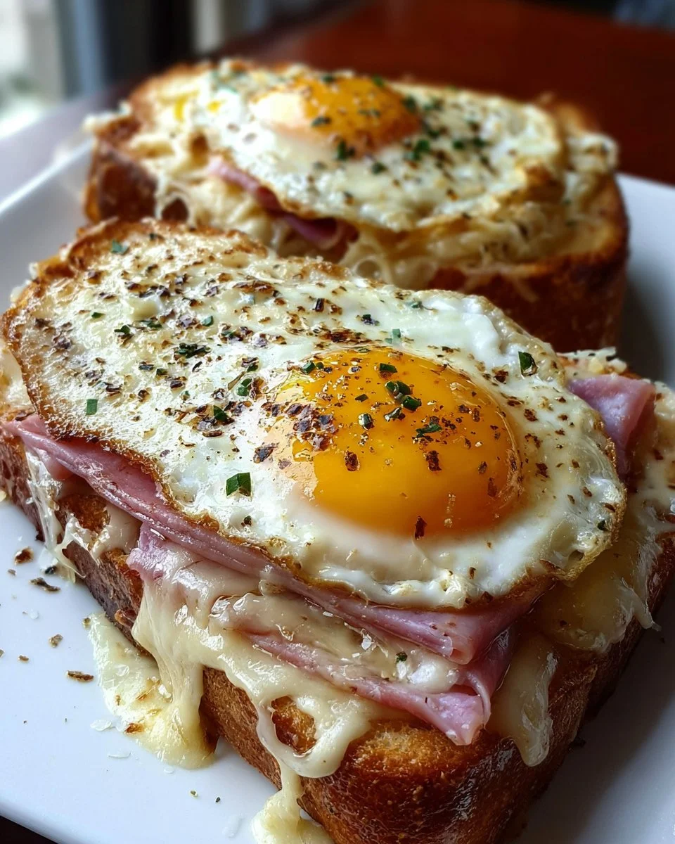 Croque Madame toast with ham and cheese, a savory brunch dish