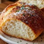 Freshly baked crusty Italian bread cooling on a wooden board