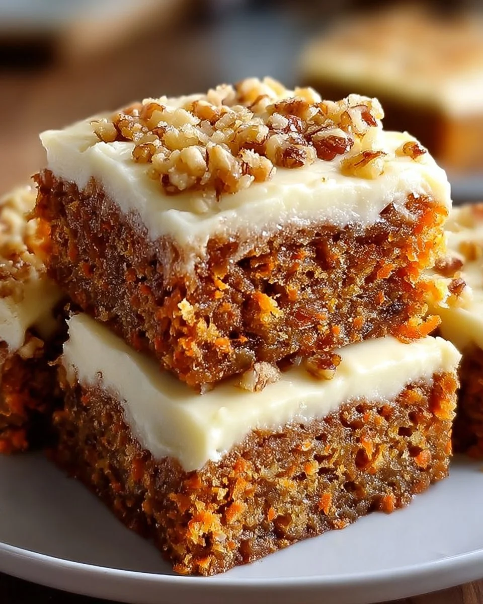 Decadent carrot cake bars with cream cheese frosting on a plate