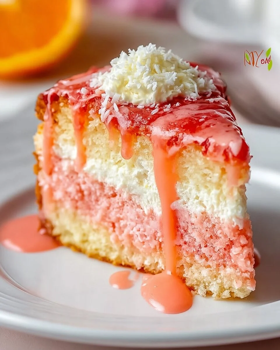 Decadent Hawaiian Guava Cake slice topped with fresh guava and whipped cream