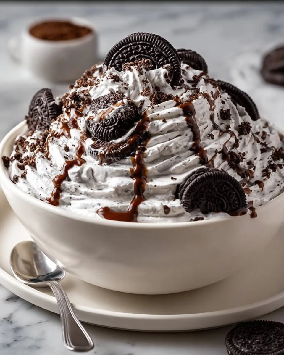 Delicious Oreo Fluff dessert in a bowl, topped with crushed Oreos.