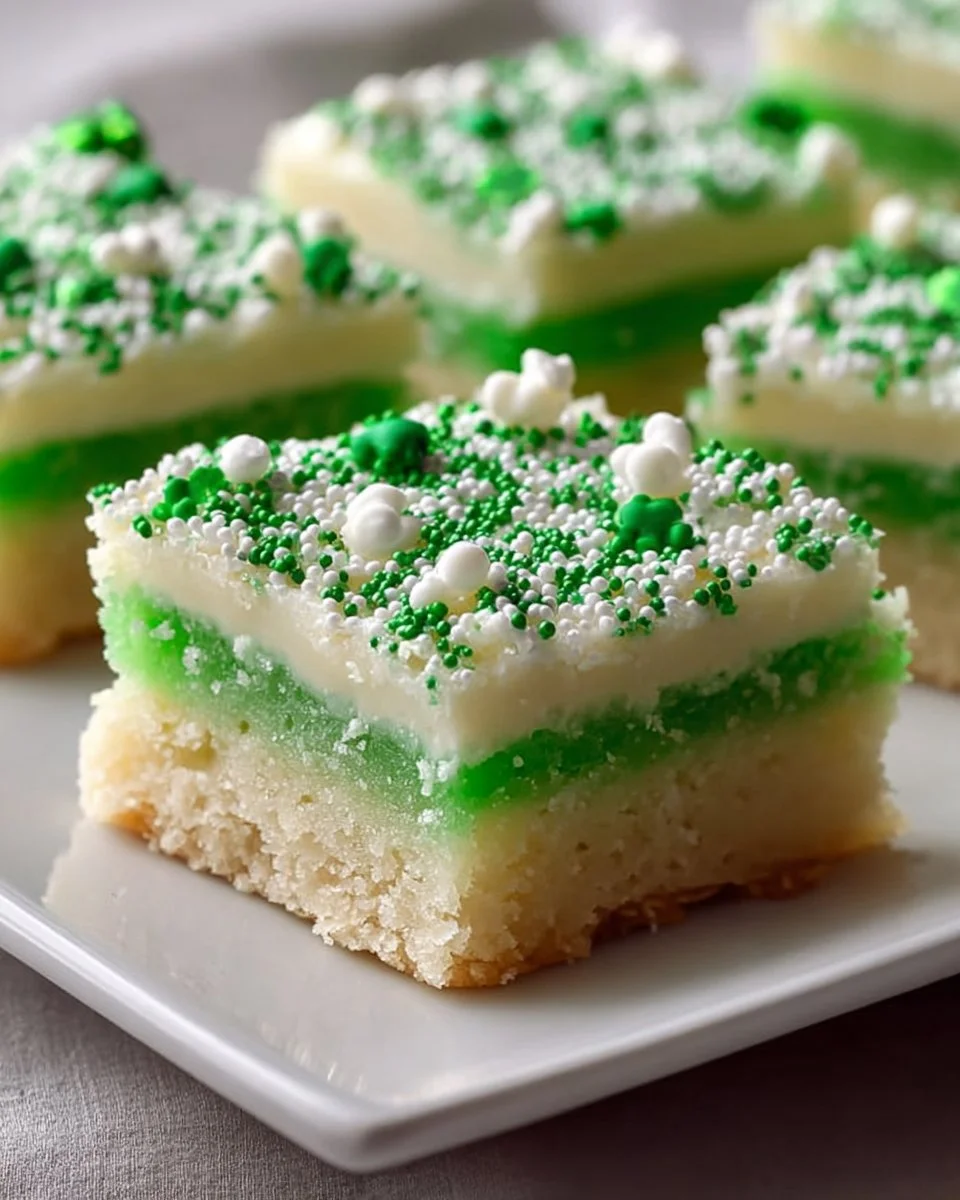 Delicious St. Patrick's Day sugar cookie bars topped with colorful sprinkles