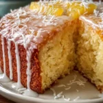 Slice of Delicious Piña Colada Pound Cake with pineapple and coconut toppings