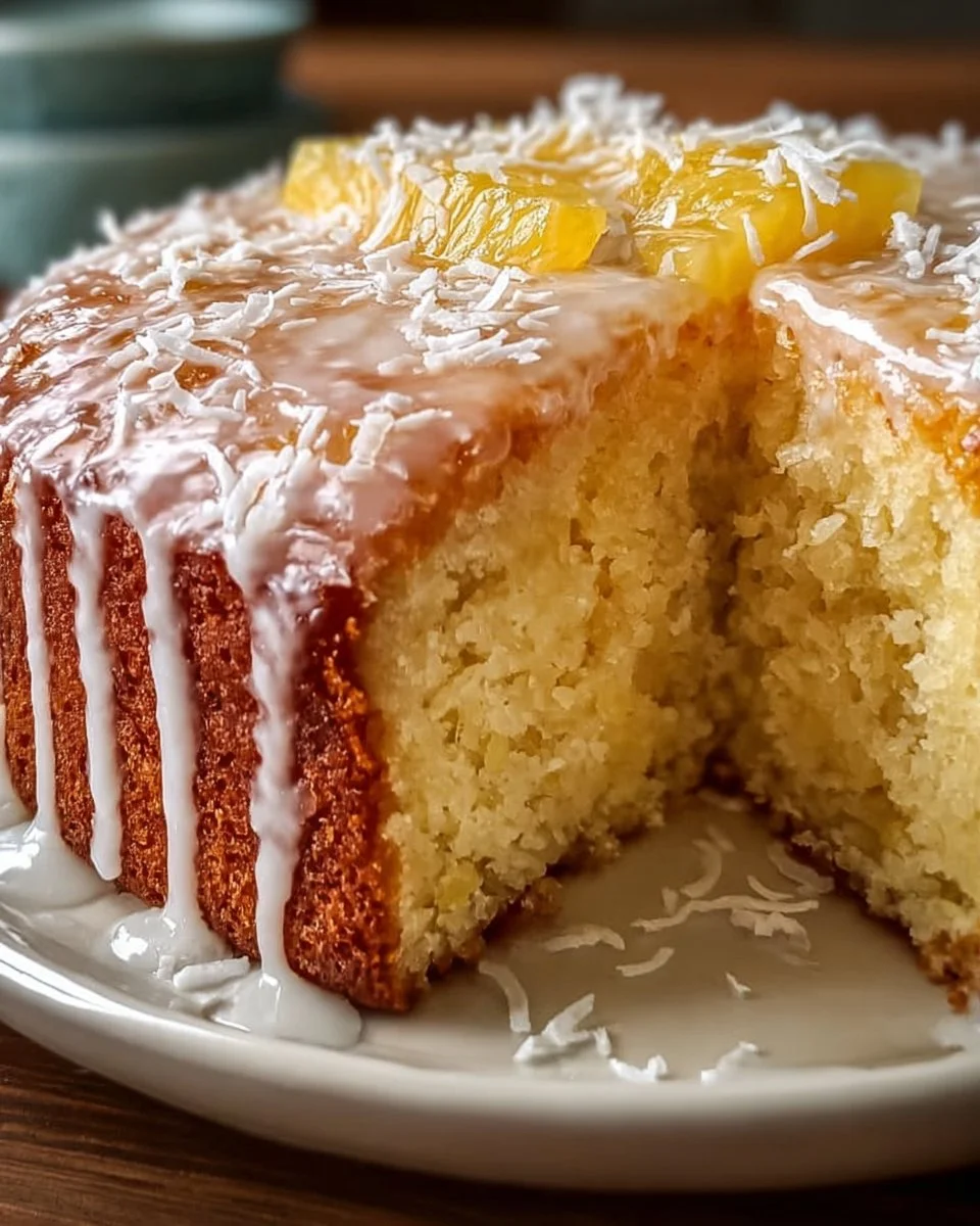 Slice of Delicious Piña Colada Pound Cake with pineapple and coconut toppings