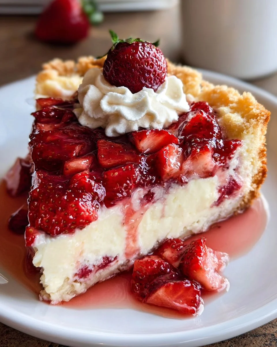 Delicious strawberry cheesecake dump cake served on a white plate with fresh strawberries.