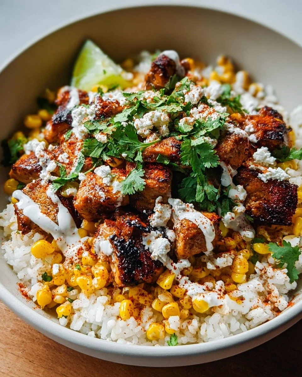 Delicious street corn chicken and rice bowls recipe with toppings