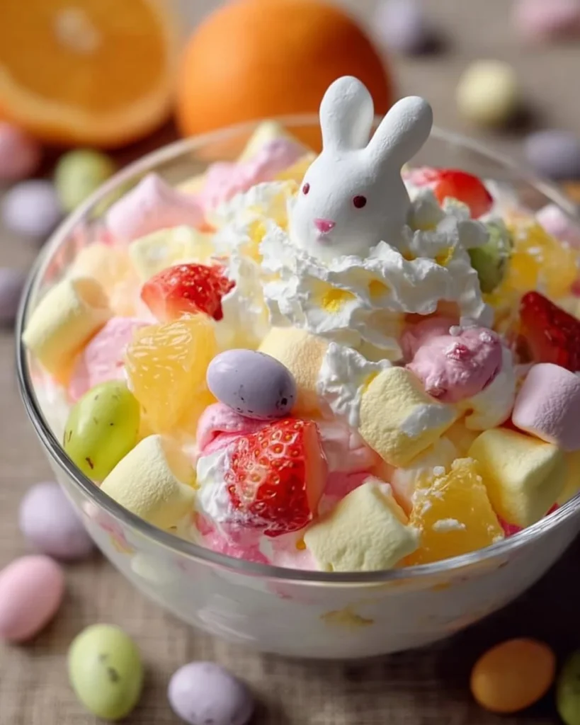 Colorful Easter Bunny Fruit Fluff dessert with mixed fruits and fluffy texture