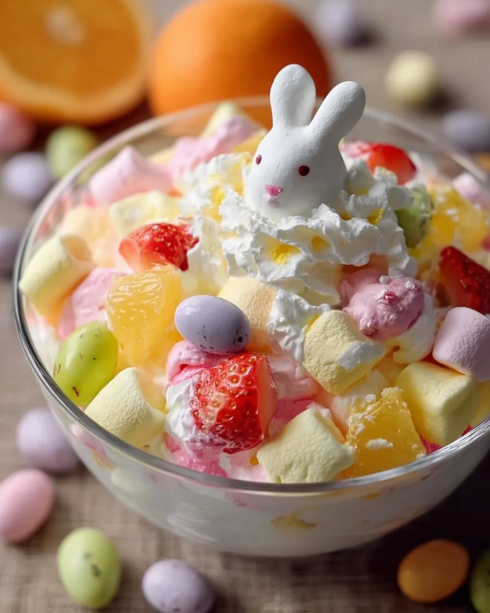 Colorful Easter Bunny Fruit Fluff dessert with mixed fruits and fluffy texture