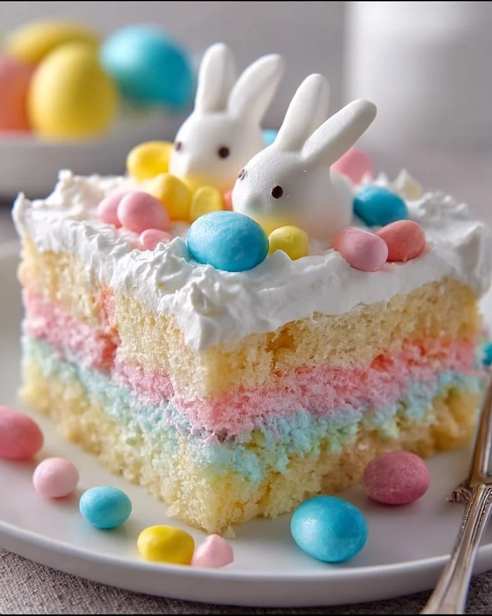 Easter Bunny Poke Cake decorated for a festive spring celebration