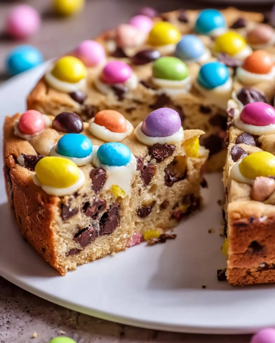 Festive Easter Cookie Cake decorated with colorful icing and sprinkles