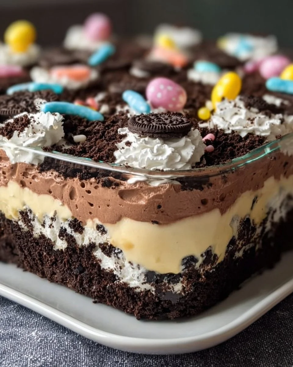 Easter Dirt Cake Casserole topped with chocolate crumbs and colorful candies