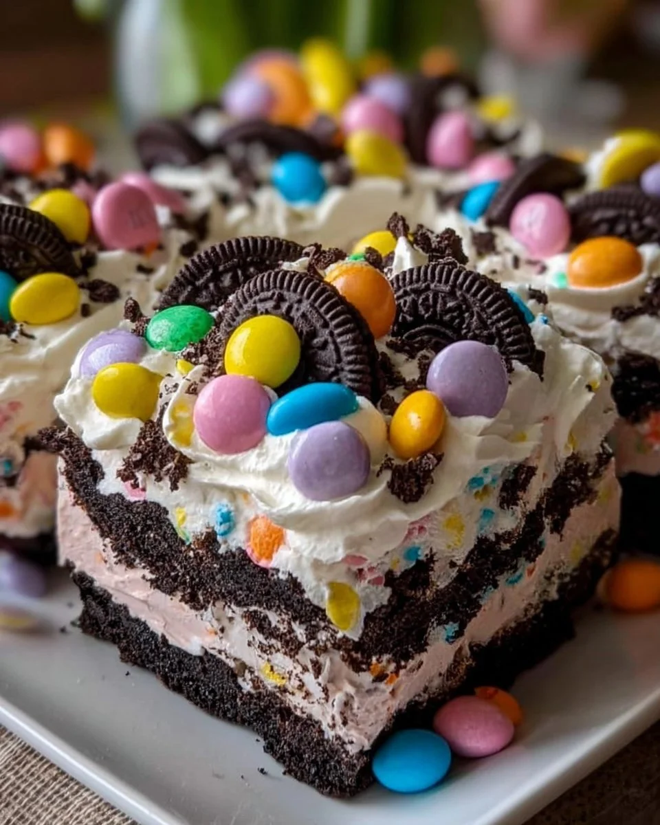 Easter Dirt Cake Casserole with chocolate and gummy worms