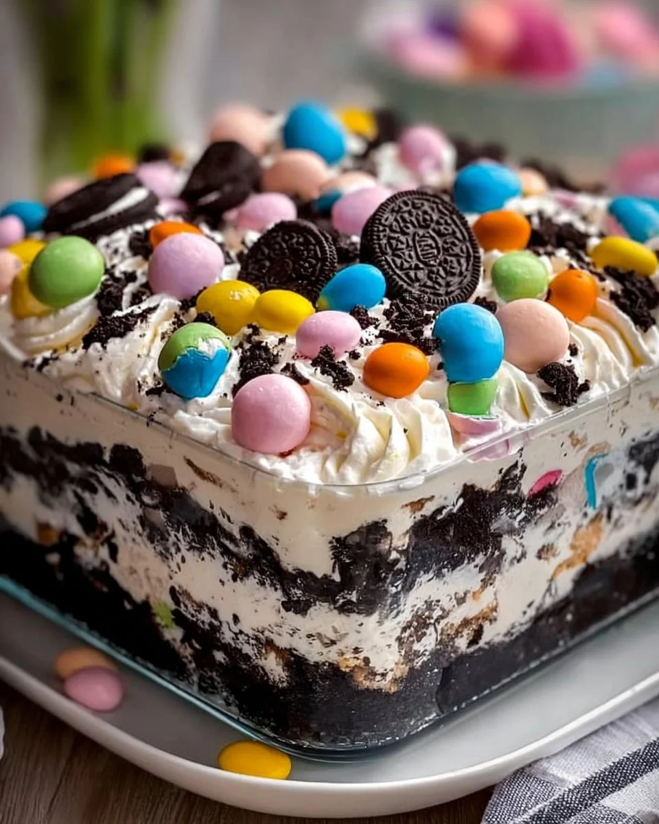 Easter Dirt Cake Casserole with chocolate and gummy candies.