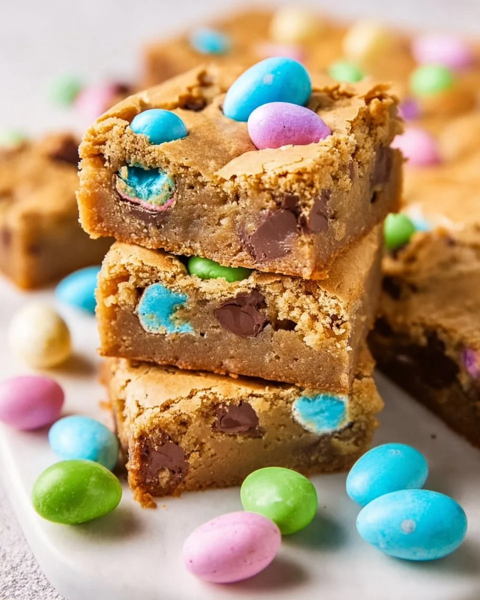 Easter Egg Blondies with colorful chocolate eggs on top