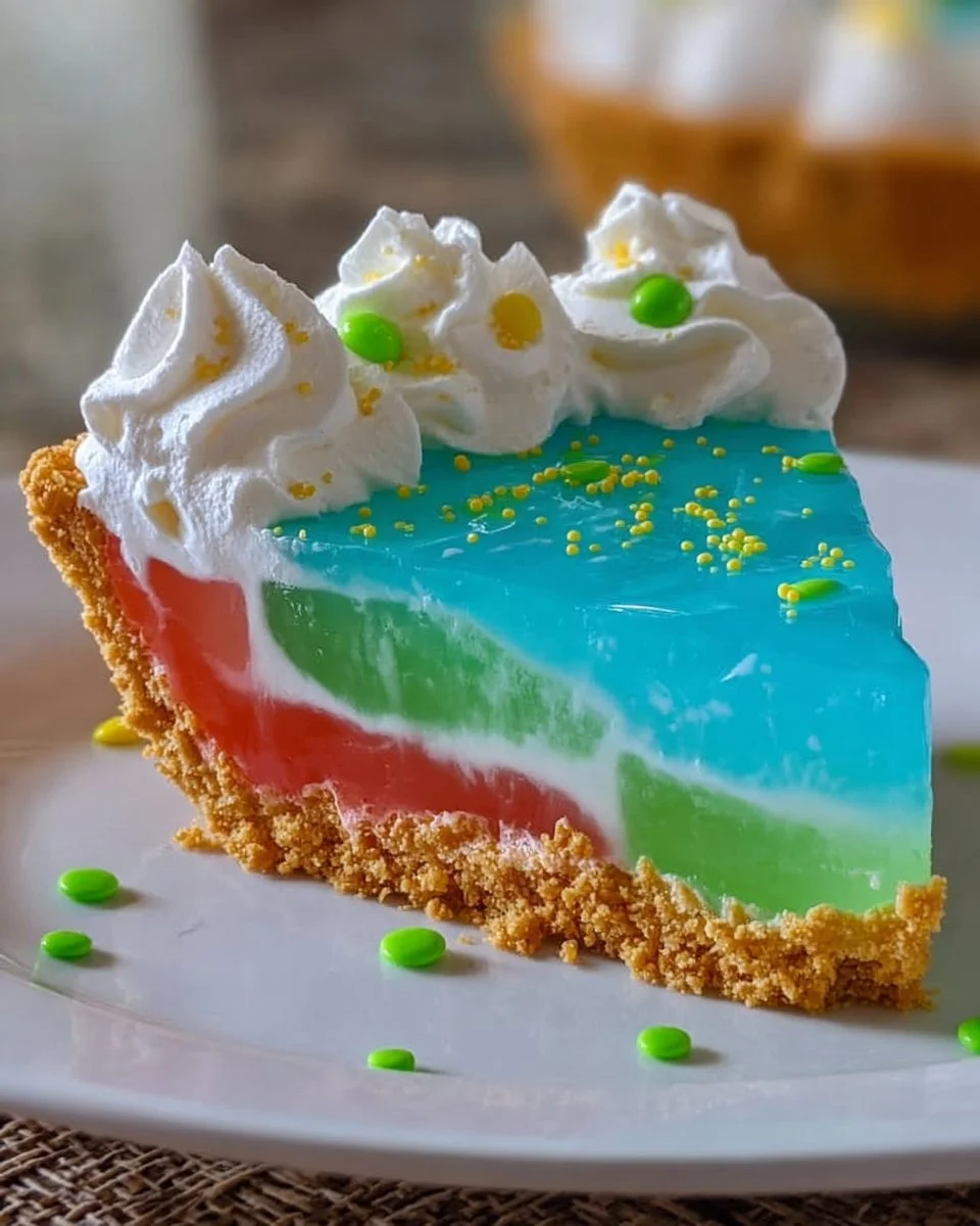 Colorful Easter Jell-O Pie topped with whipped cream and decorative sprinkles.