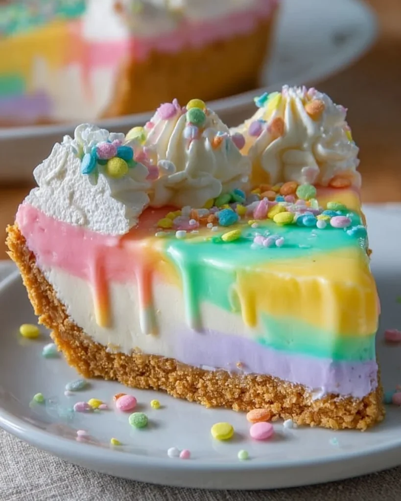 Easter No Bake Jello Pie with colorful layers and whipped cream
