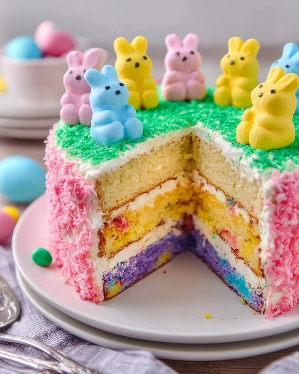Colorful Easter Peep Cake decorated with marshmallow chicks and sprinkles for festive celebrations.