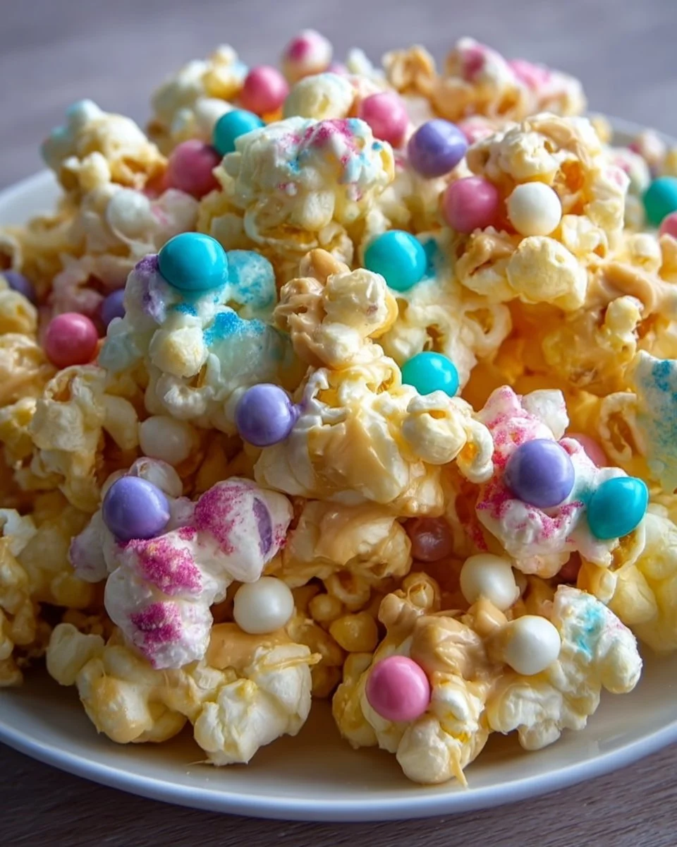 Easter Puff Corn Treats decorated with pastel colors and candy sprinkles