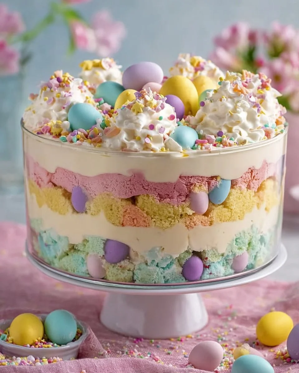 Colorful Easter trifle dessert with layers of cake and cream