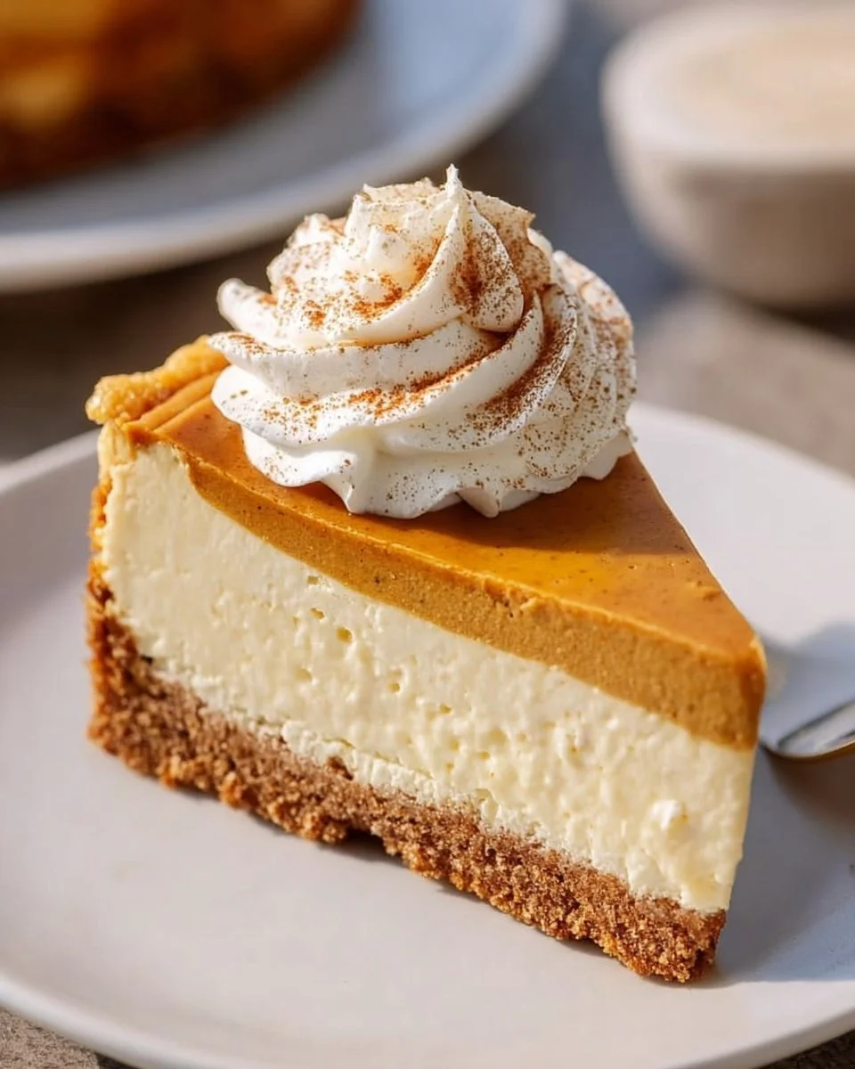 Slice of easy pumpkin pie cheesecake topped with whipped cream