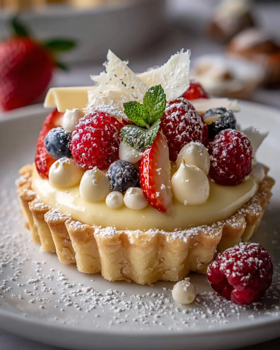 Elegant White Chocolate Mousse Tart topped with fresh berries and mint leaves.