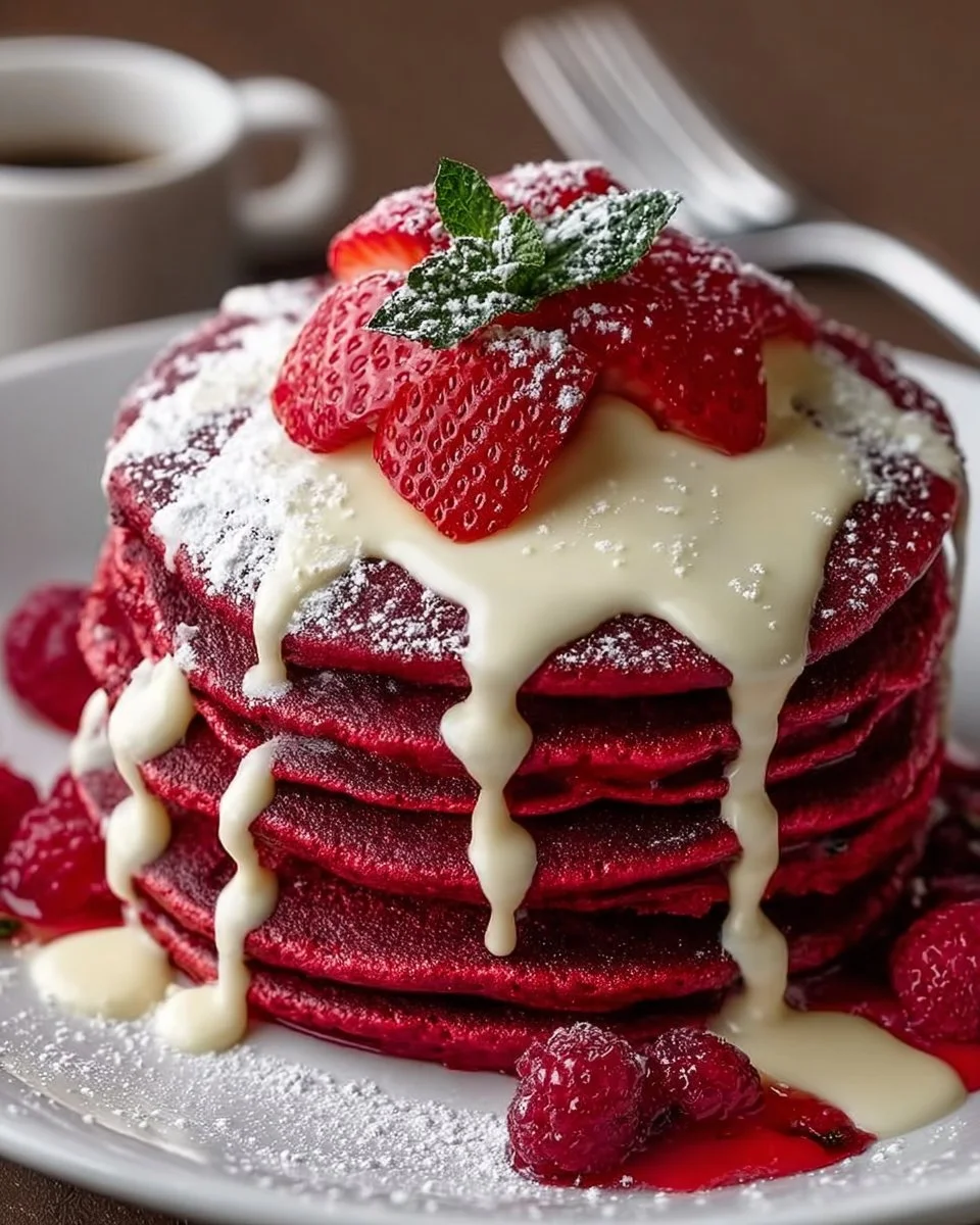 Fluffy red velvet pancakes served on a plate for Valentine's brunch