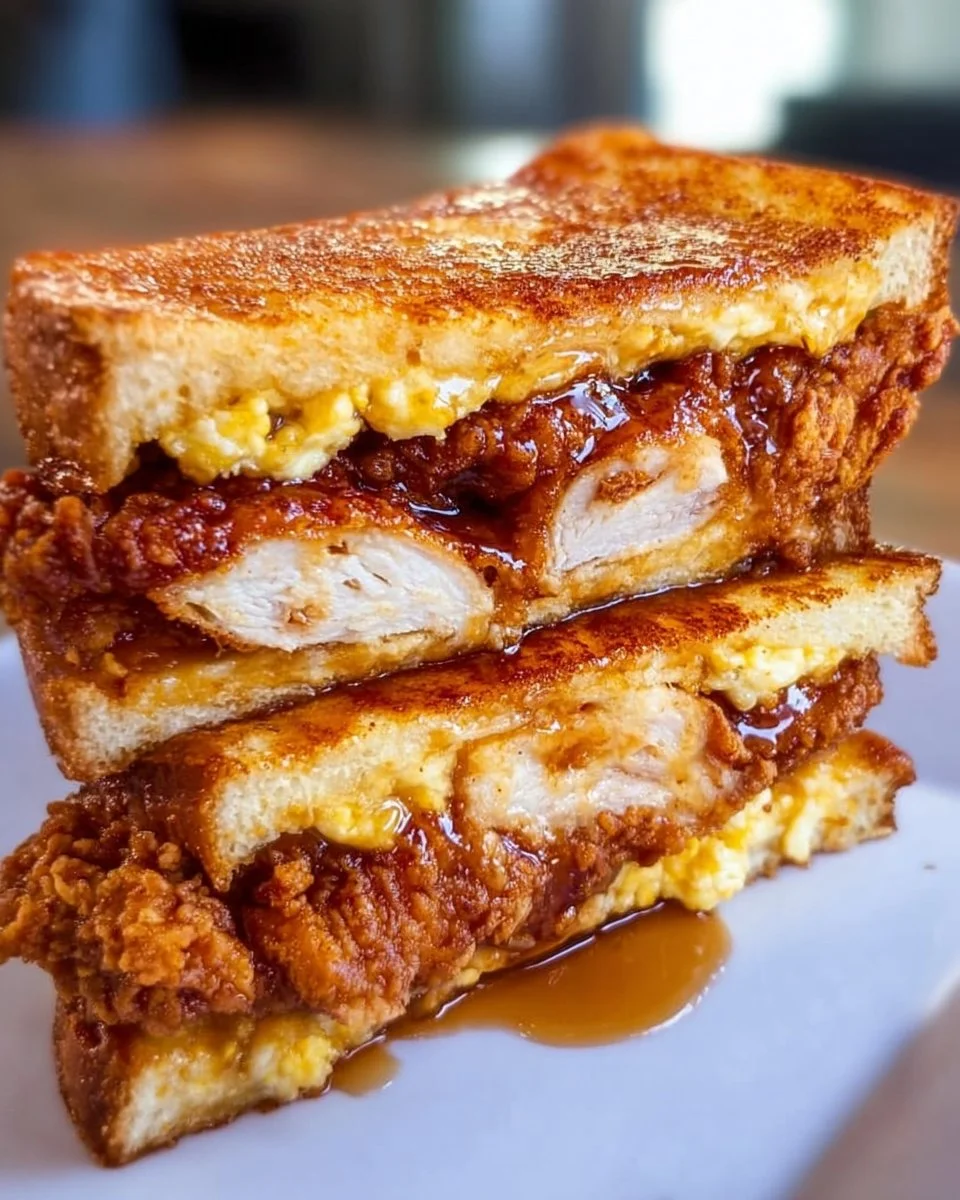 French Toast Fried Chicken Sandwich served with syrup and crispy chicken