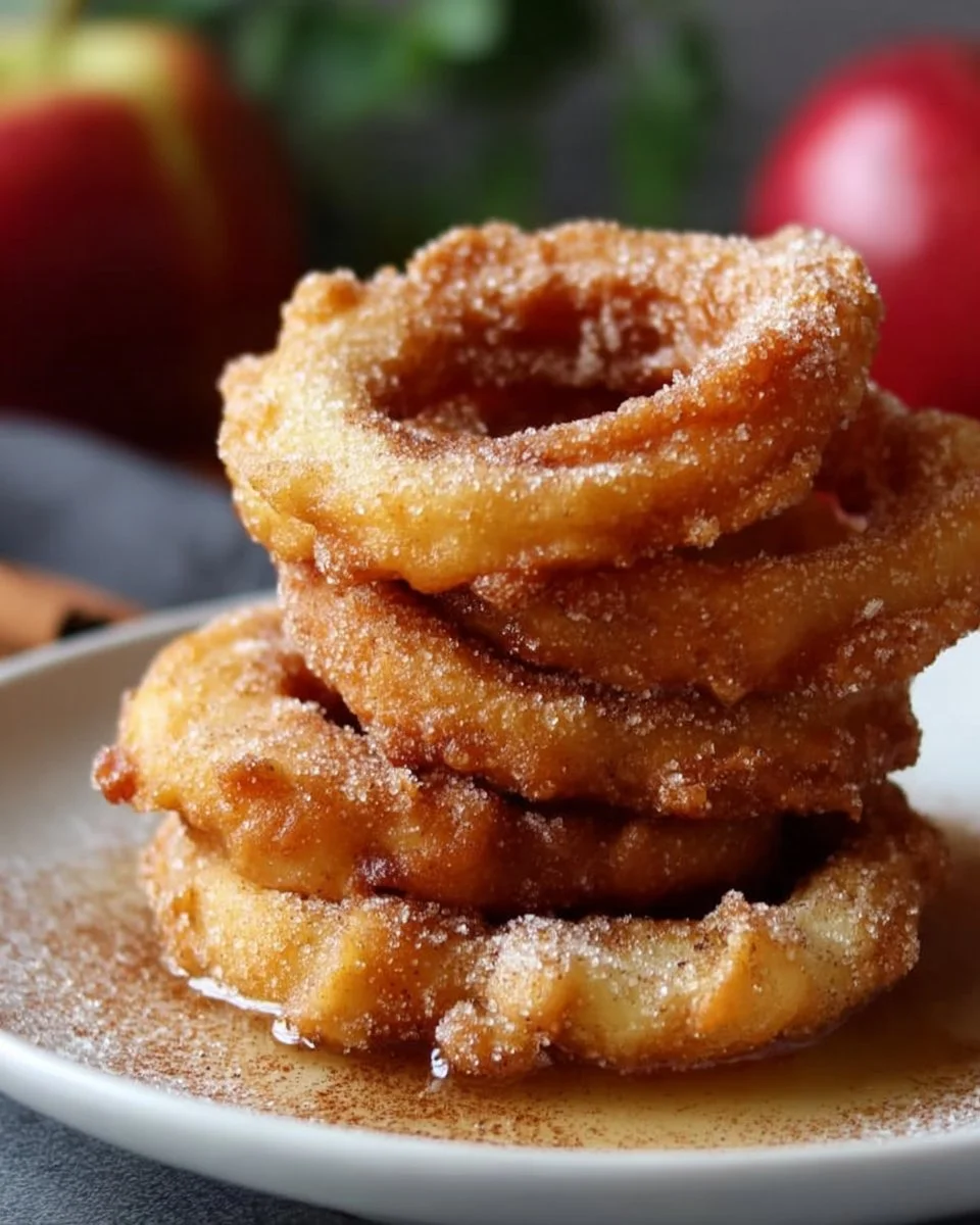 Crispy Fried Cinnamon Apple Rings served on a plate with a sprinkle of cinnamon sugar