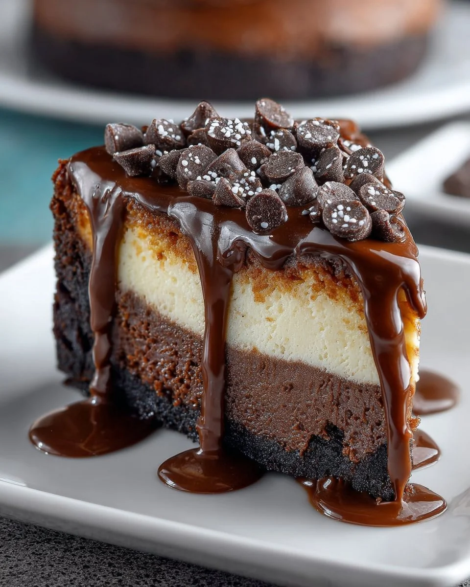 Delicious fudgy brownie bottom cheesecake with creamy cheesecake topping
