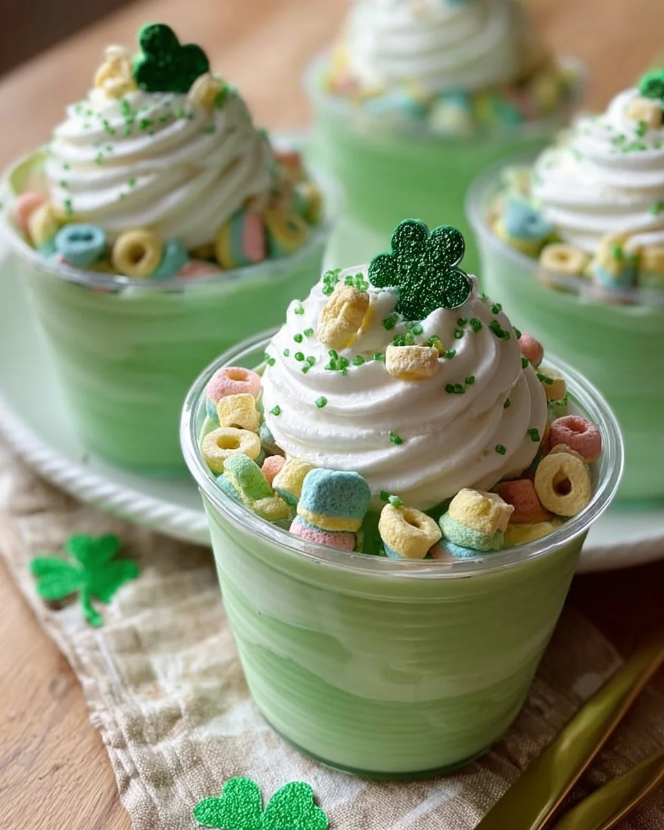 St. Patrick's Day themed green shake pudding cups decorated with fun toppings