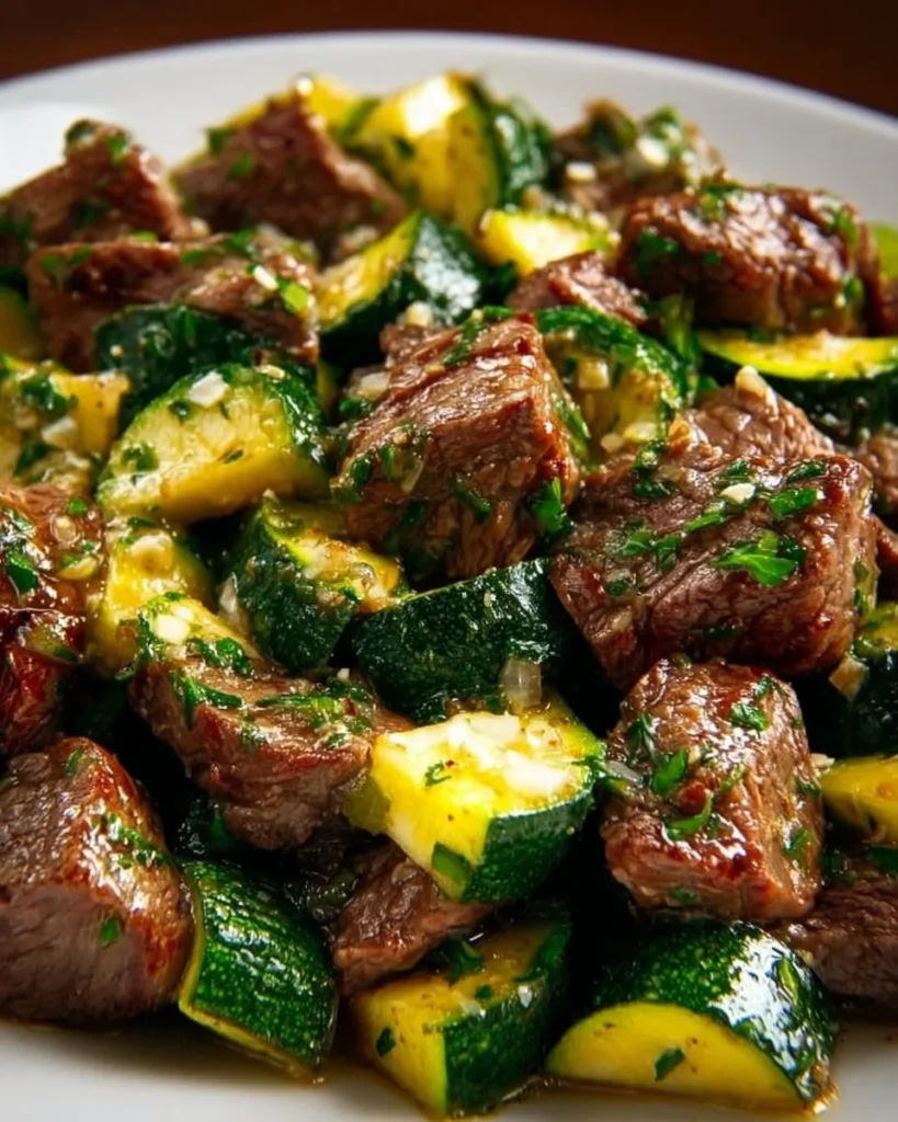Garlic Butter Steak Bites served with sautéed zucchini on a plate