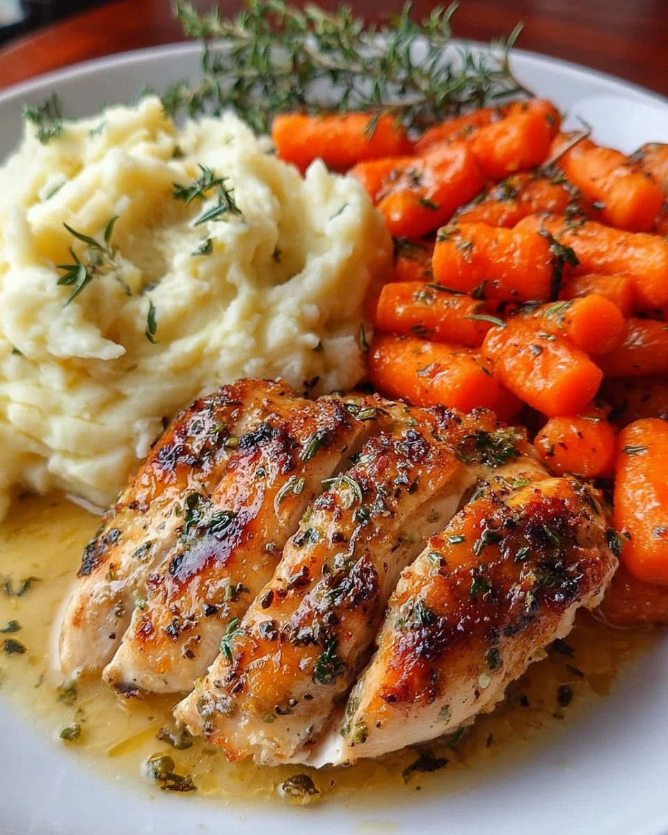 Garlic Herb Chicken with creamy mashed potatoes and glazed carrots on a plate.