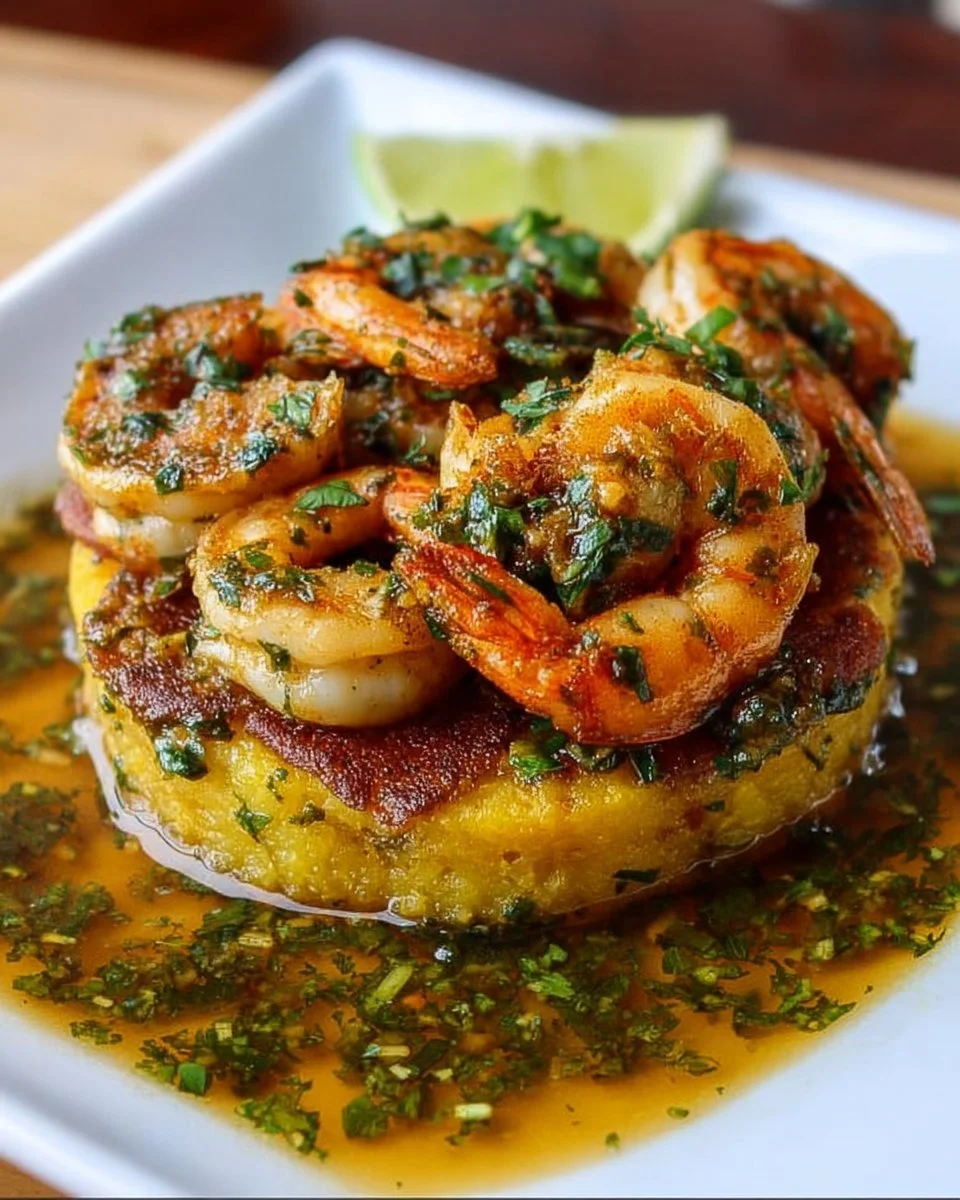 Delicious Garlic Shrimp Mofongo served with a garlic sauce and plantains.
