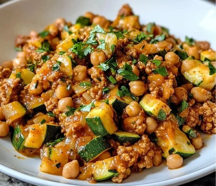 Ground Turkey Zucchini Chickpea Skillet served in a bowl, garnished with herbs.