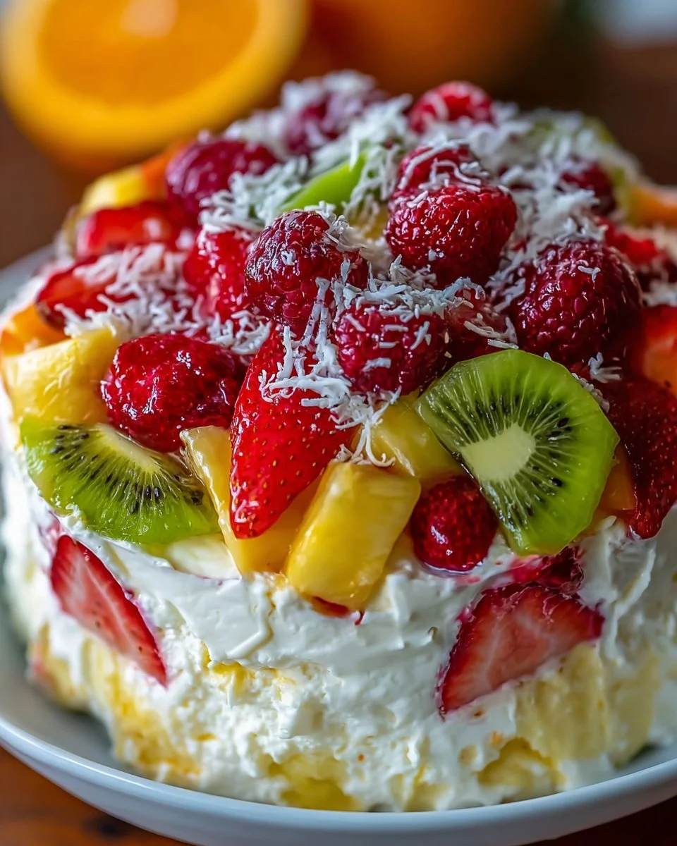 Delicious Hawaiian Cheesecake Salad with tropical fruits and creamy texture