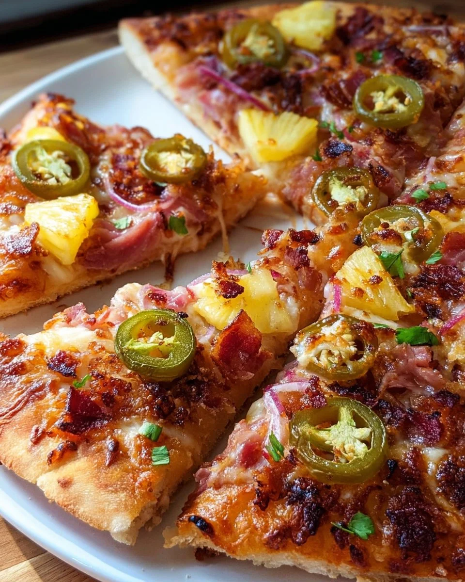 Hawaiian pizza topped with ham, pineapple, and cheese on a wooden table