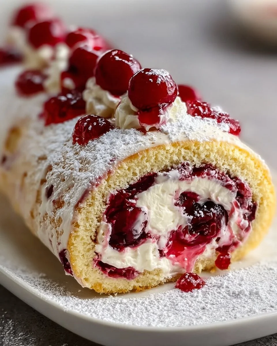 Slice of Cherry Cheesecake Cake Roll showcasing creamy filling and cherry topping.