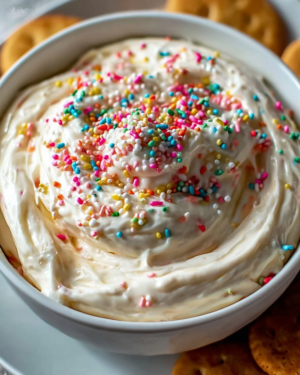 High protein Dunkaroo Dip served in a bowl with colorful sprinkles.
