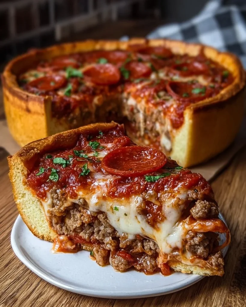 Homemade Chicago Style Deep Dish Pizza with layers of cheese and toppings