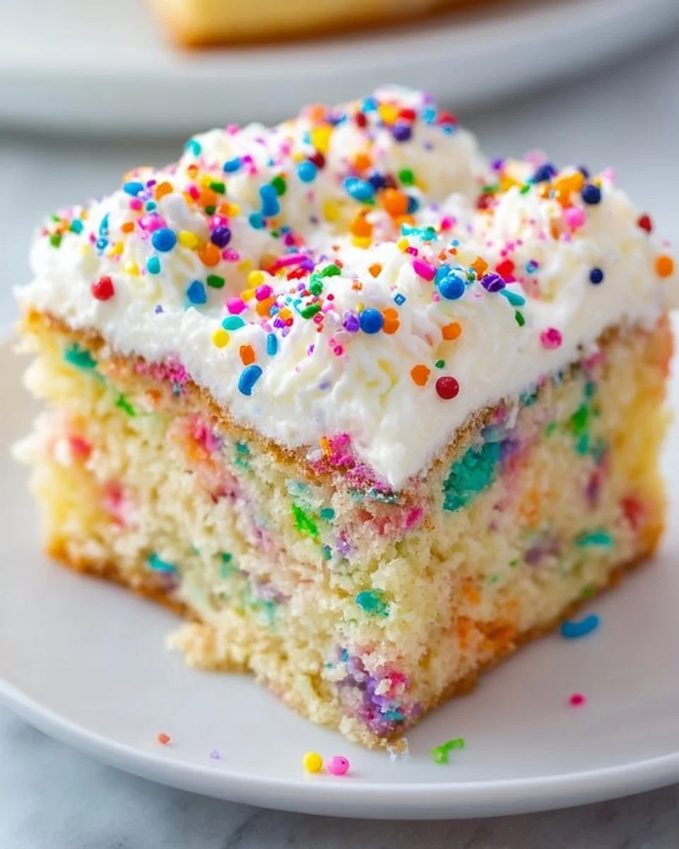 Homemade funfetti cake topped with vanilla buttercream frosting