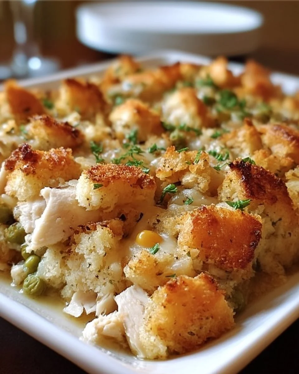 Homestyle chicken and stuffing casserole ready to serve in a baking dish