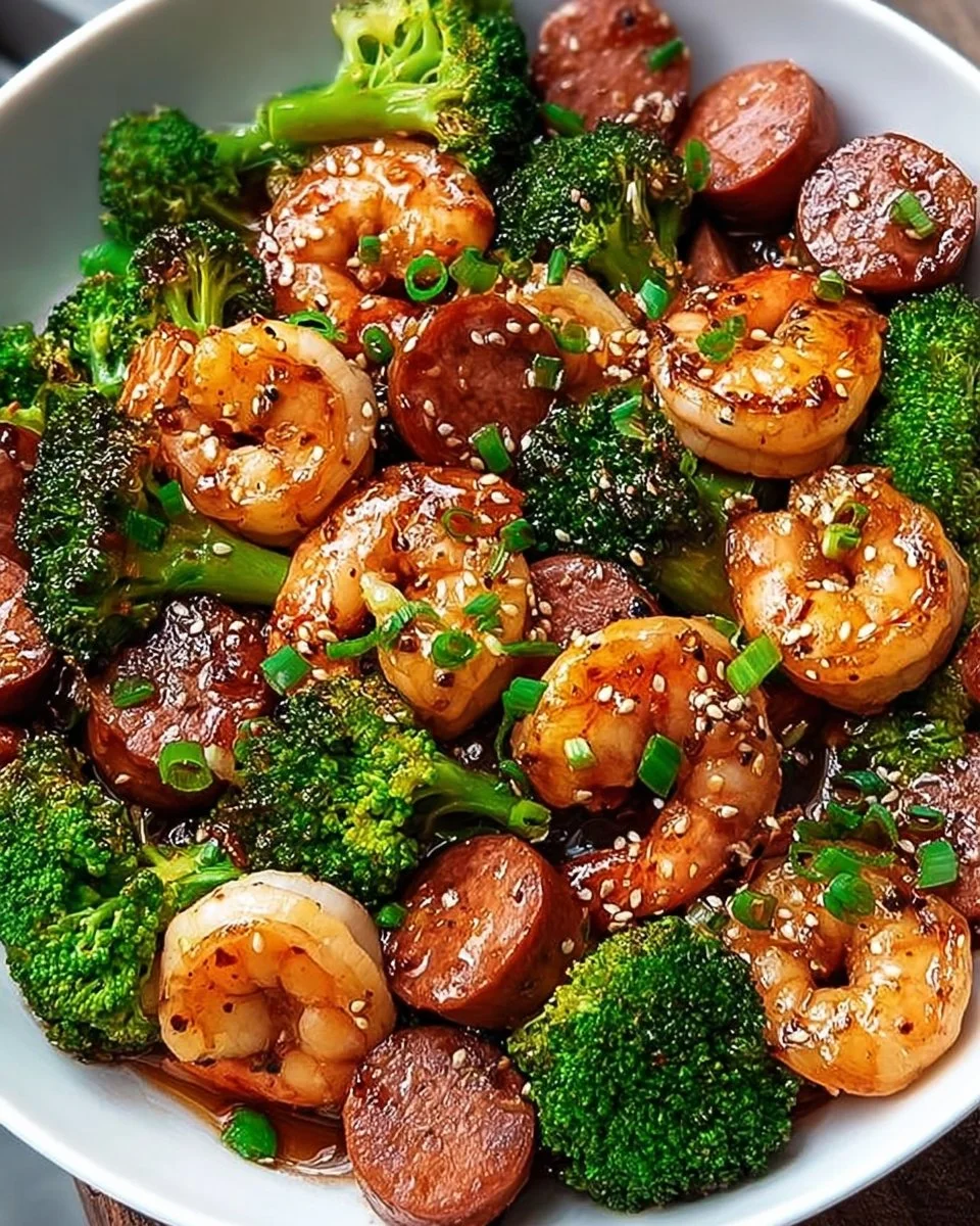 Plate of honey garlic shrimp with sausage and broccoli