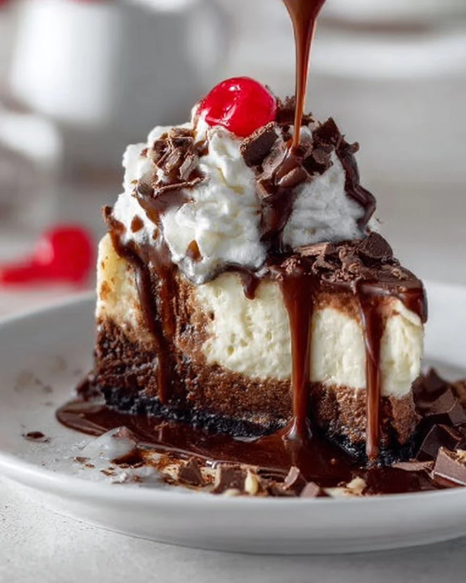 Delicious Hot Fudge Sundae Brownie Cheesecake topped with chocolate sauce and sprinkles