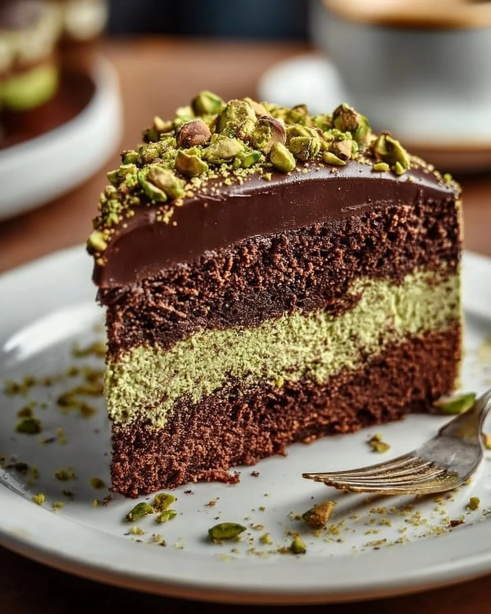 Delicious chocolate pistachio cake garnished with nuts and chocolate glaze
