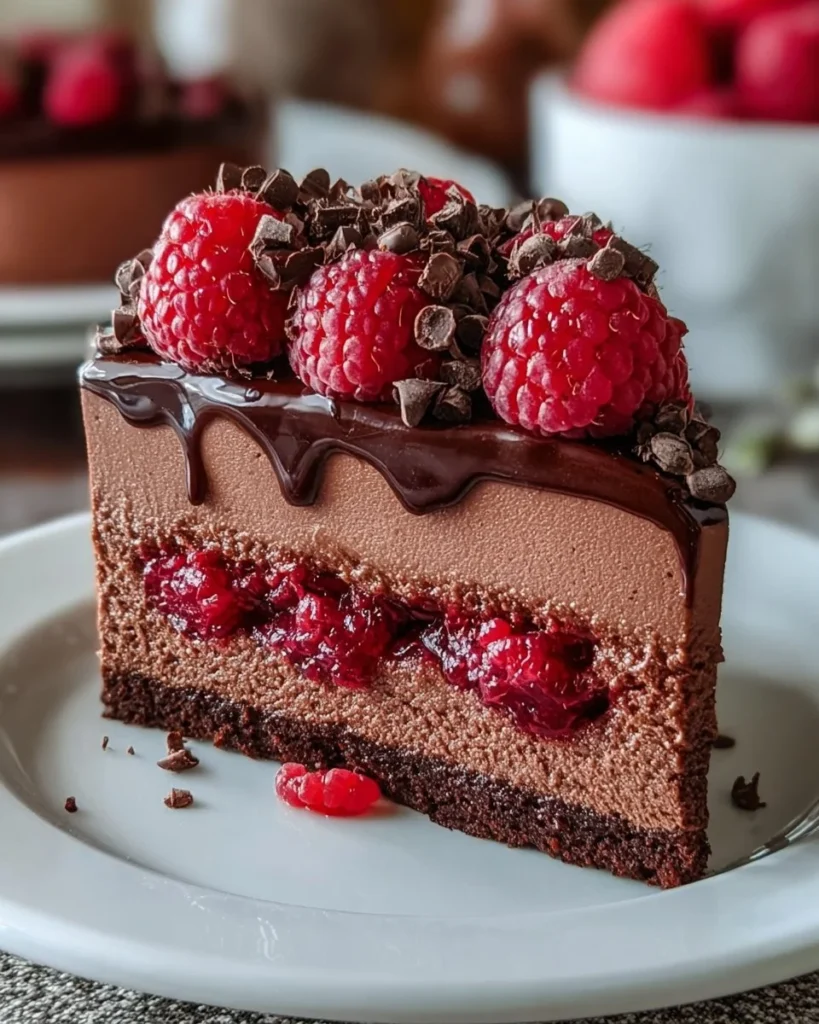 Decadent raspberry chocolate mousse cake garnished with fresh raspberries and chocolate shavings.