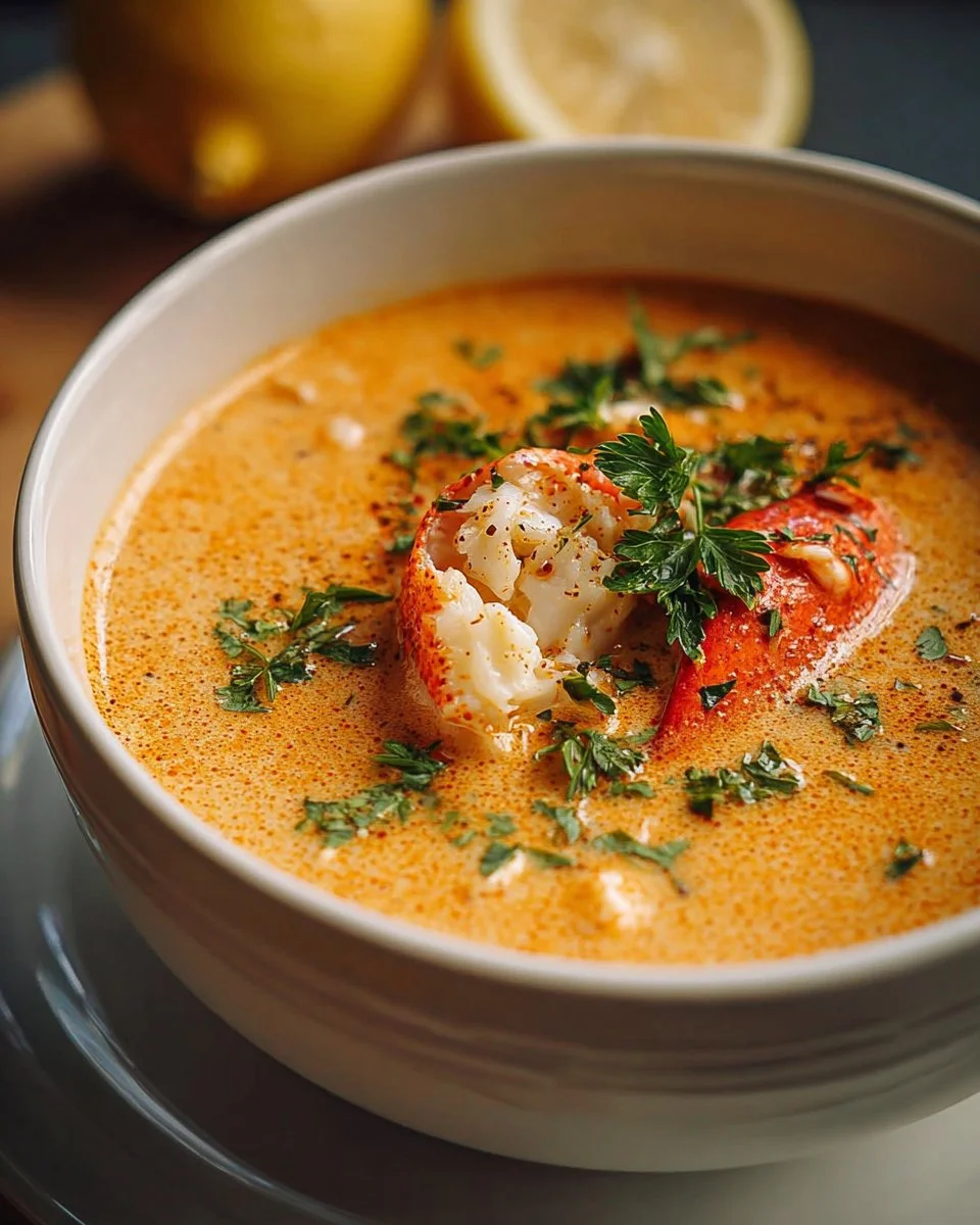 Indulgent crab soup in a bowl garnished with herbs and lemon
