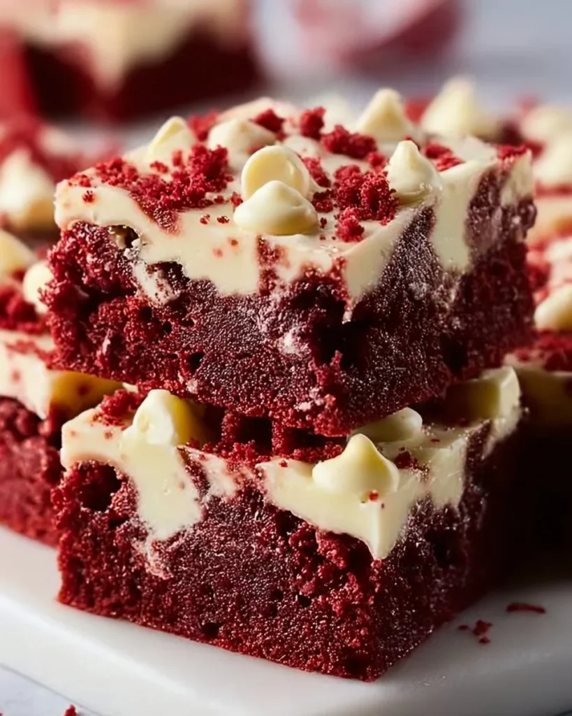 Delicious red velvet cookie bars topped with cream cheese frosting on a festive plate